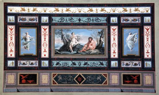 19th century Italian School Renaissance panel decorated with scene of Pan, two nymphs and geometric panels 13 x 21in.